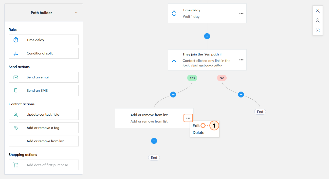 Automation path with Add or remove from list step with menu expanded and Edit option selected