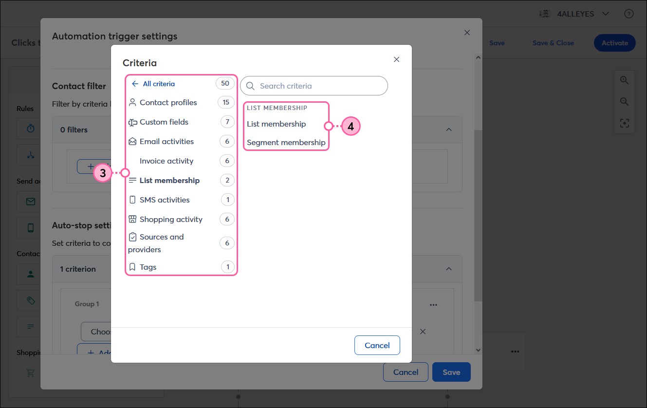Automation trigger settings overlay with Criteria overlay on top of it, All criteria options with List membership option selected, and List membership criteria options
