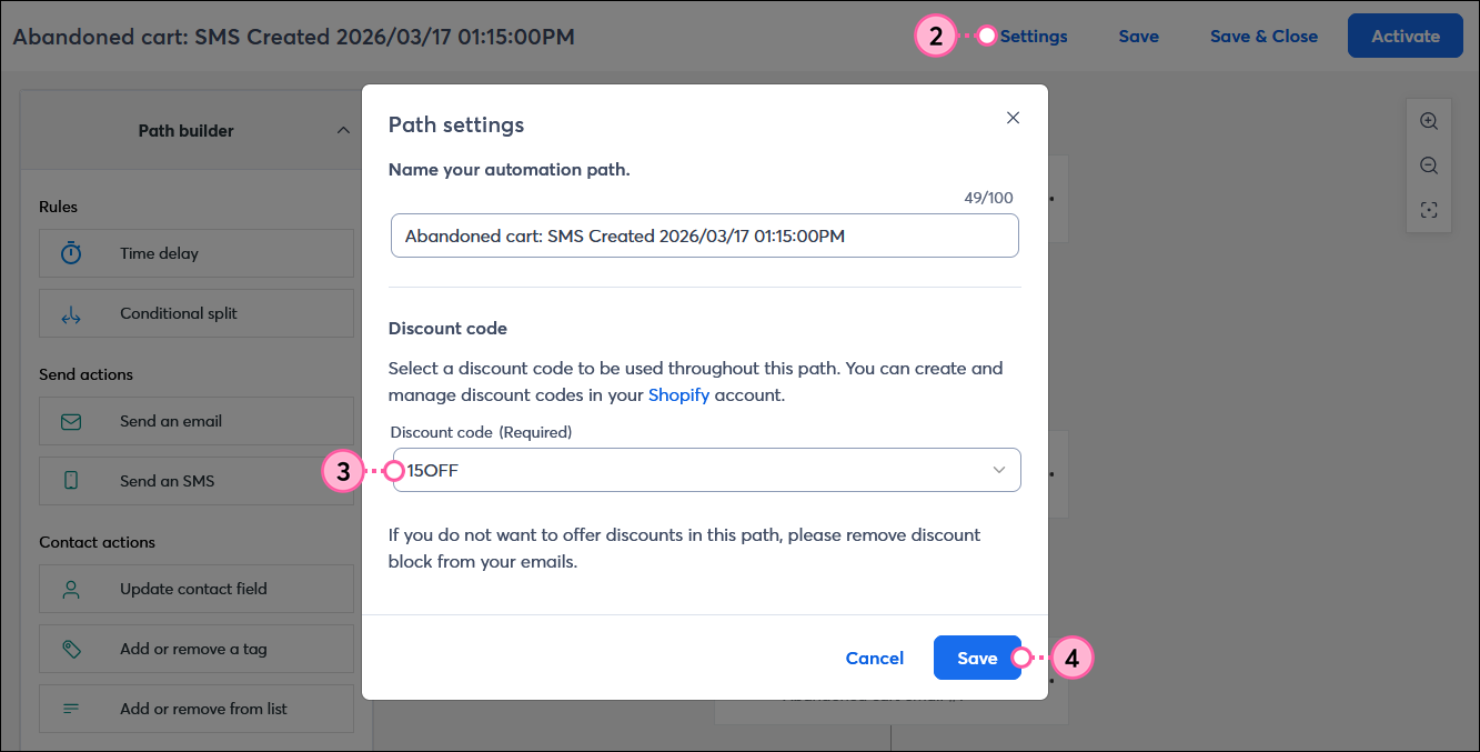 Creador de rutas de automatización con opción de configuración y superposición de configuración de ruta con sección de código de descuento y botón Guardar.