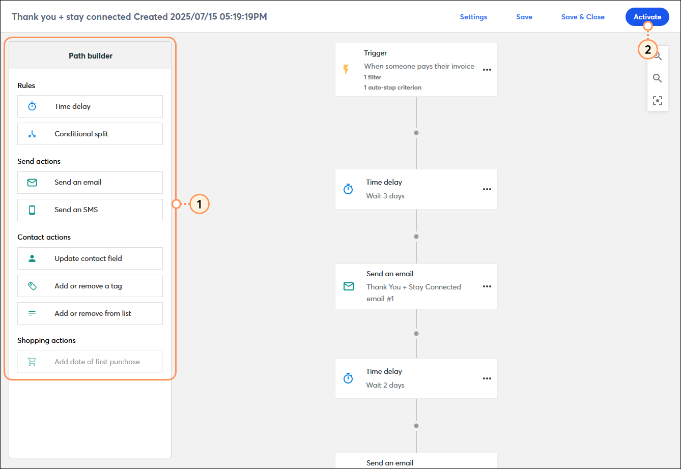 Automation path builder with completed path and Activate button