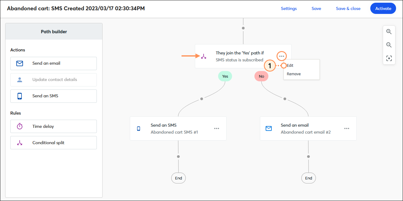 Menú Automation Path Builder (Generador de ruta de automatización) con regla de división condicional ampliada y opción Edit (Editar) seleccionada