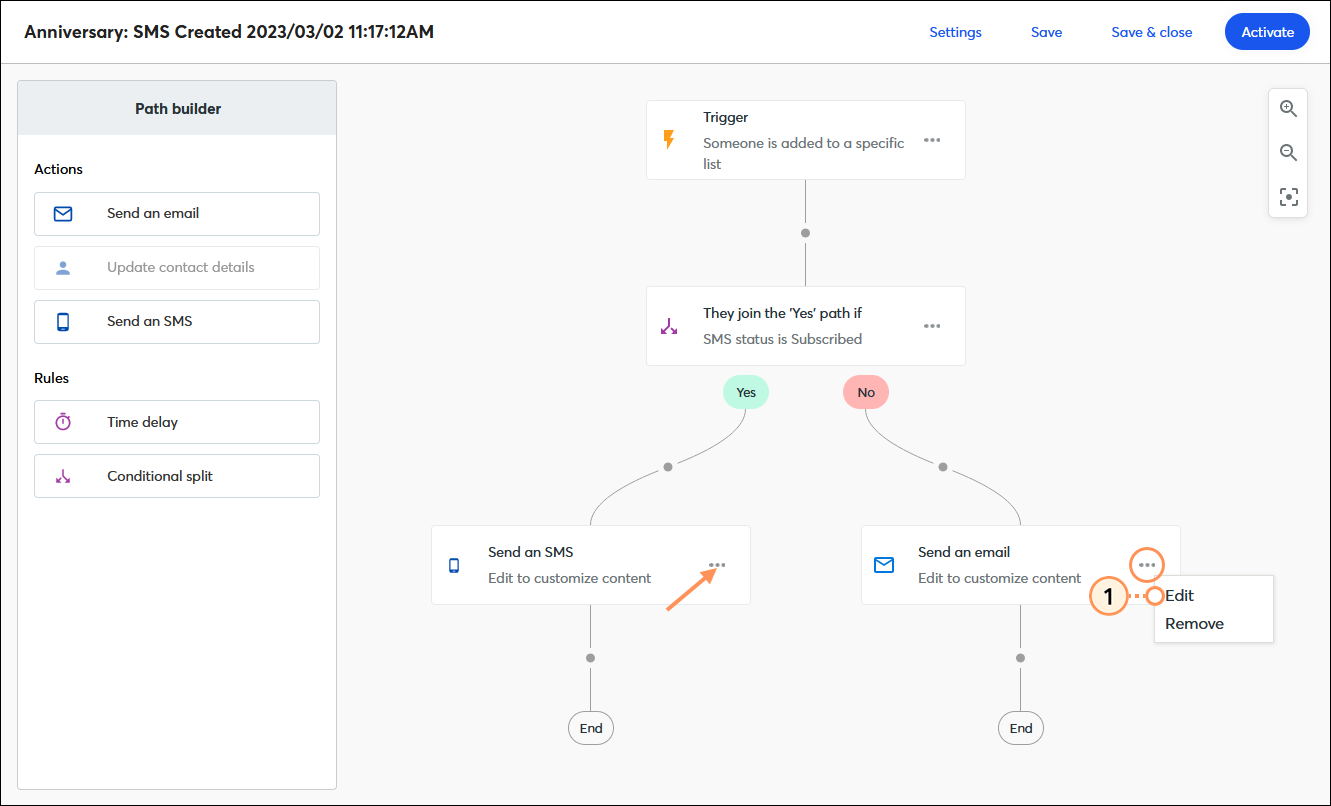 Automation Path Builder with Send an email action menu expanded and Edit option selected