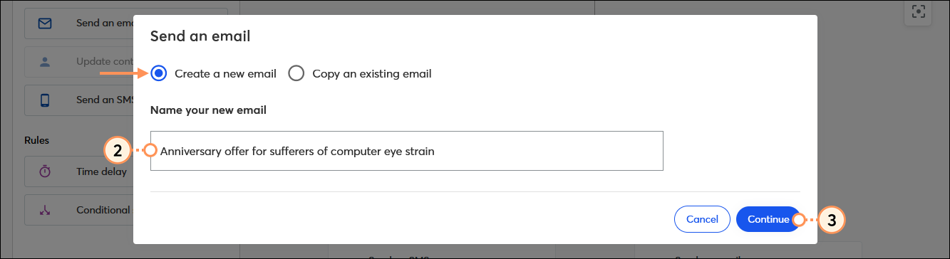 Automation Path Builder Send an email overlay with name field and Continue button