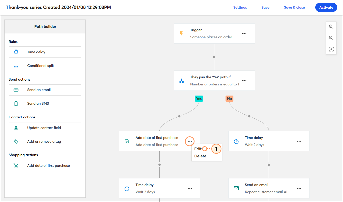 Automation Path Builder with Add date of first purchase step with menu expanded and Edit option selected