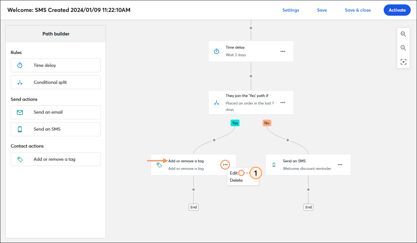Automation Path Builder (Generador de rutas automatizadas) que incluye un paso Add or remove a tag (Agregar o eliminar una etiqueta) con el menú expandido y la opción Edit (Editar) seleccionada