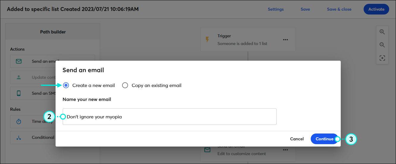 Generador de rutas de automatización con Added to specific list path (Añadido a una ruta de lista específica) y la ventana superpuesta Send an email (Enviar un correo electrónico) con las opciones Create a new email (Crear un nuevo correo electrónico) y opciones Copy an existing email (Copiar un correo electrónico existente), Campo Name your new email (Nombre del nuevo correo electrónico) y botón Continue (Continuar)
