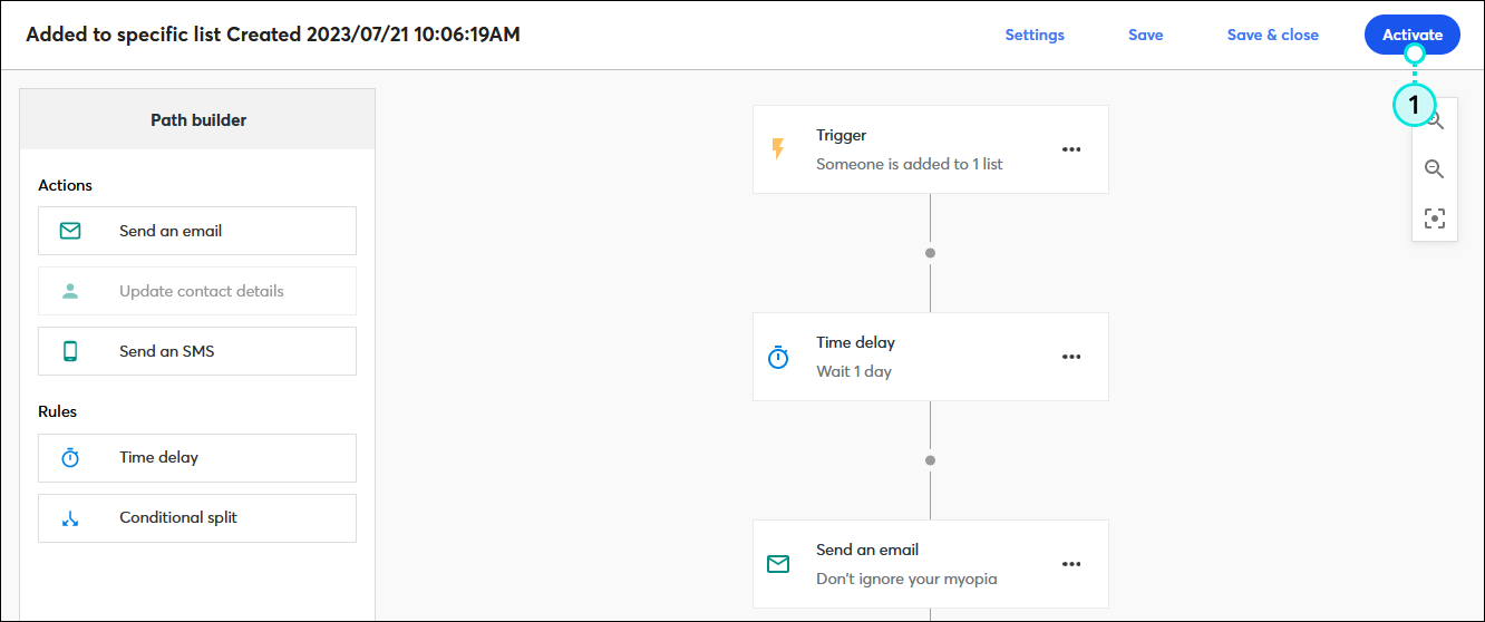Generador de rutas automatizadas con Added to specific list path (Añadido a una ruta de lista específica) y botón Activate (Activar)