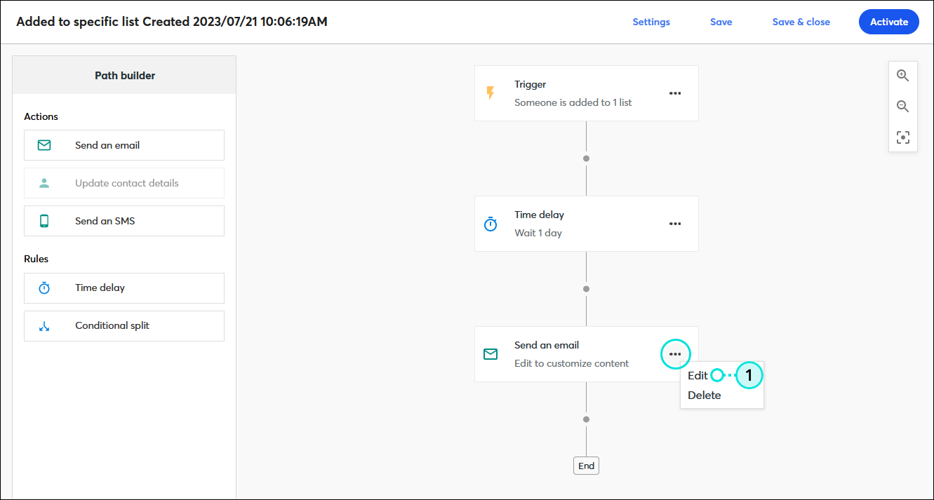 Generador de rutas automatizadas con Added to specific list path (Añadido a una ruta de lista específica), paso Send an email (Enviar un correo electrónico) con el menú expandido y la opción Edit (Editar) seleccionada