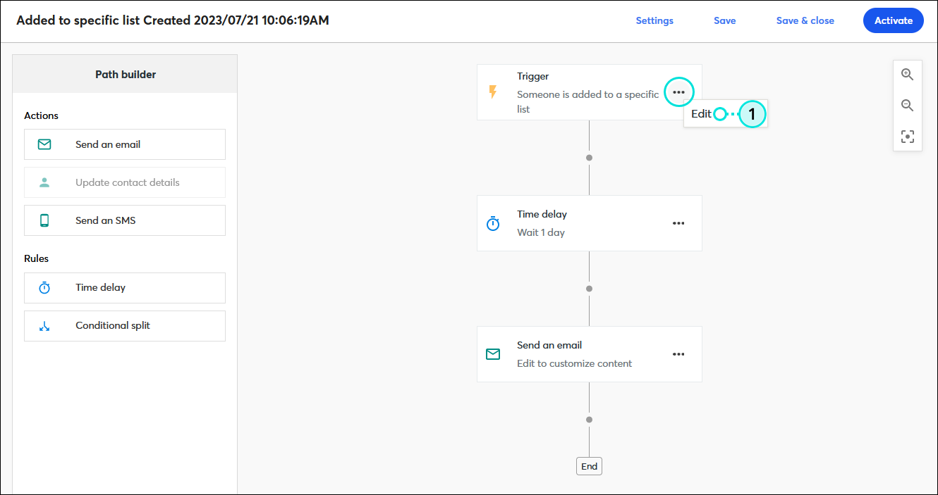 Generador de rutas de automatización con plantilla Added to specific list (Añadido a lista específica), y paso Trigger (Activador) con menú ampliado y opción Edit (Editar)