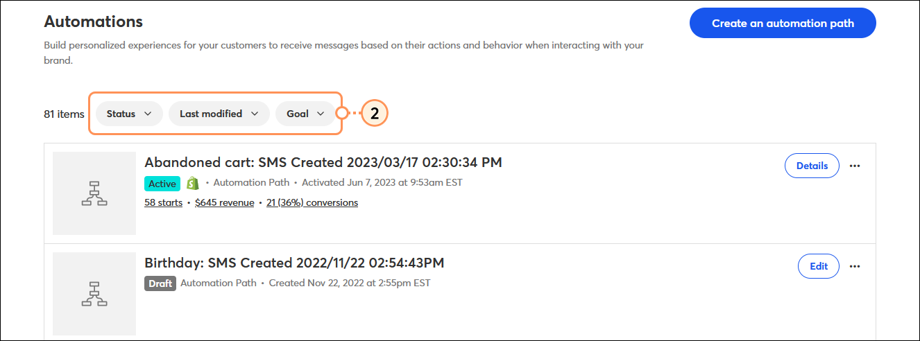 Automations dashboard with Status, Last modified, and Goal drop-down menus