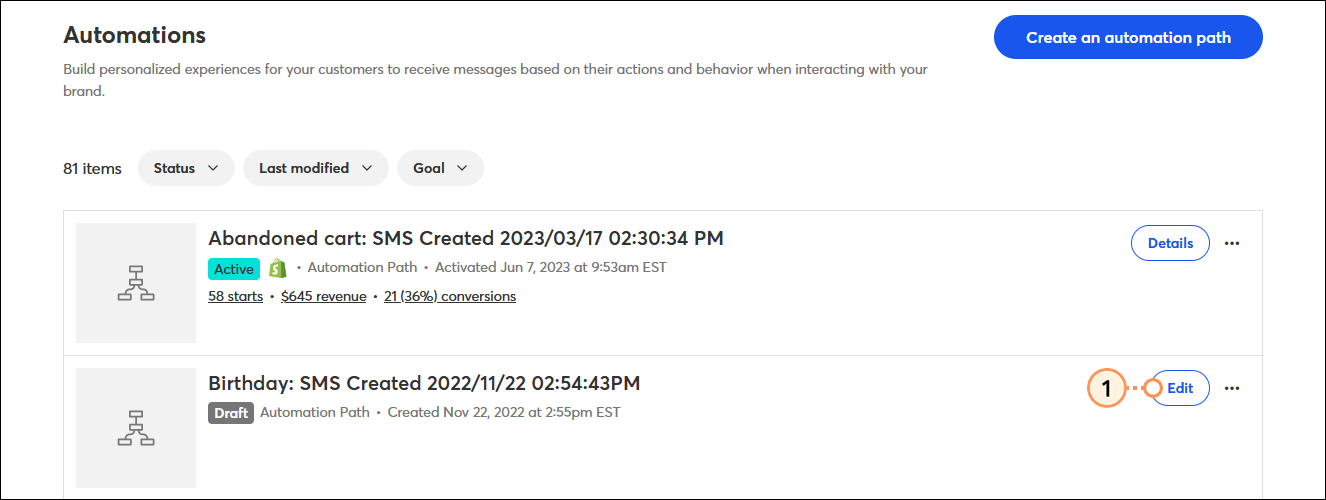 Automations dashboard with Automation path draft and Edit button