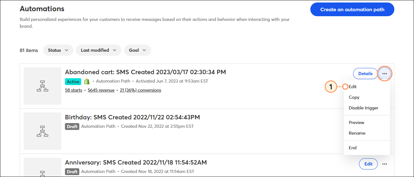 Automations dashboard with active automation path menu expanded and Edit option selected