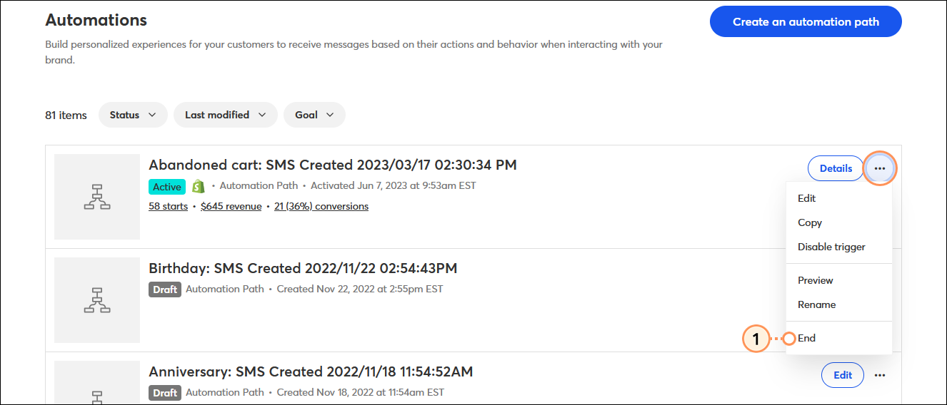 Automations dashboard with active path menu expanded and End option