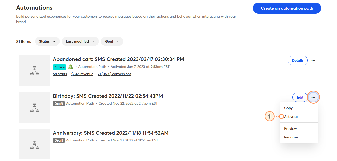 Automations dashboard with and draft Automation Path menu expanded and Activate option selected