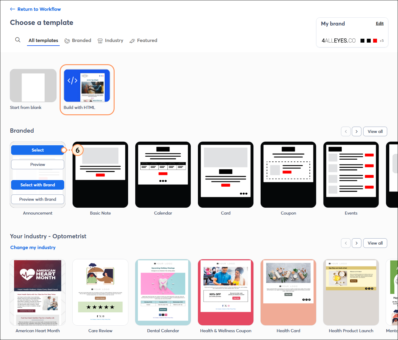 Choose an Email Template page with All templates tab selected and All filter selected, template thumbnails, and Select button