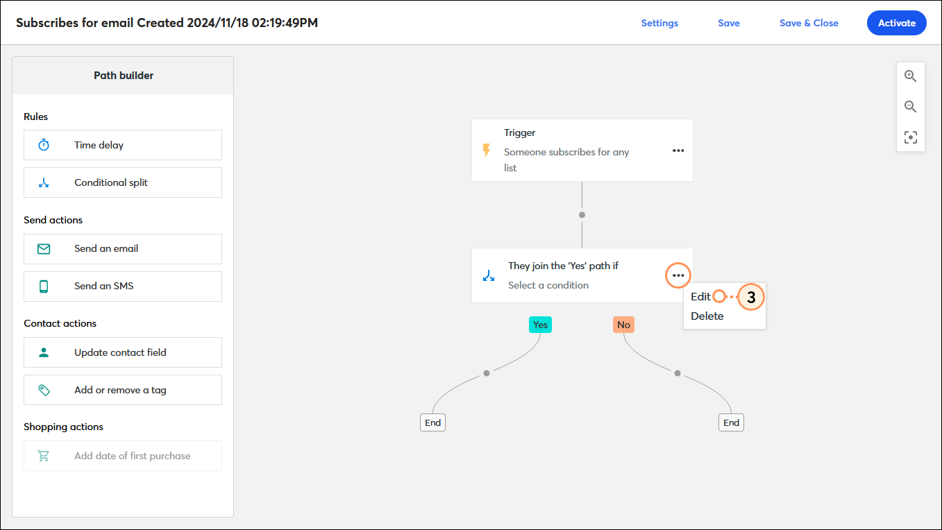 Automation Path Builder with Conditional split step, step menu, expanded, and Edit option selected