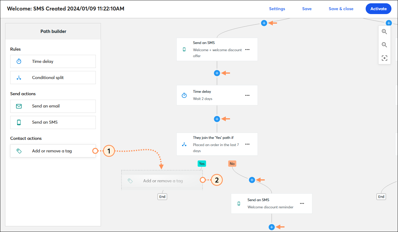 Automation Path Builder (Generador de rutas automatizadas) con la sección Contact actions (Acciones de contactos) y el proceso de arrastrar y soltar el paso Add or remove a tag (Agregar o eliminar una etiqueta) en la ruta