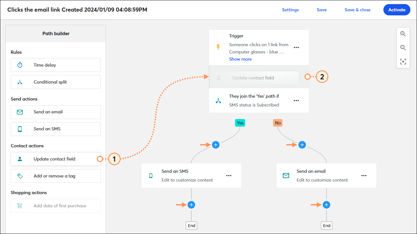 Automation Path Builder with Contact actions section and Update contact field step drag-and-drop into path