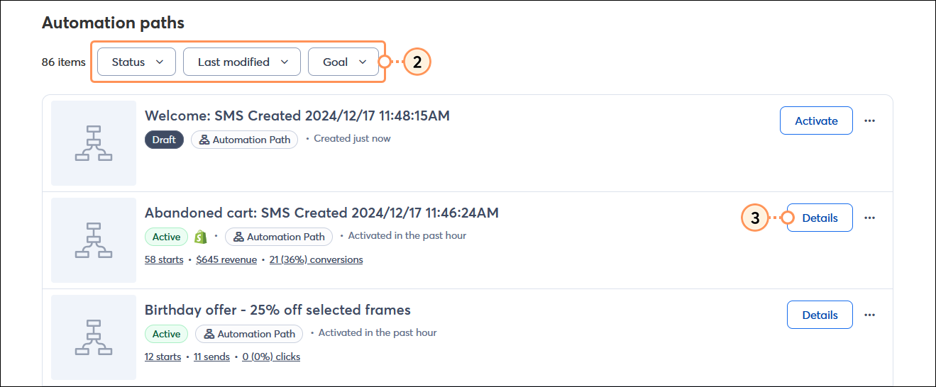 Automations dashboard Automation paths section with Status, Last modified, and Goal drop-down menu options, and active path Details button