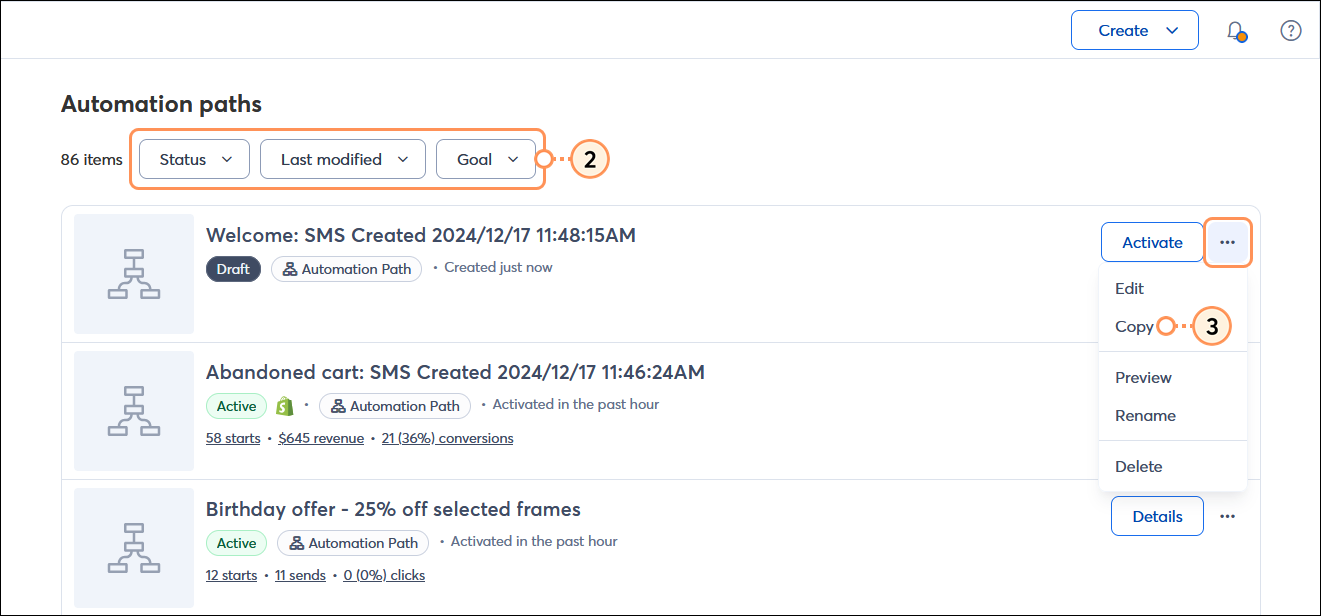 Automations dashboard with Automation paths section, Status, Last modified, and Goal drop-down menu options, and draft path with menu expanded and Copy option selected