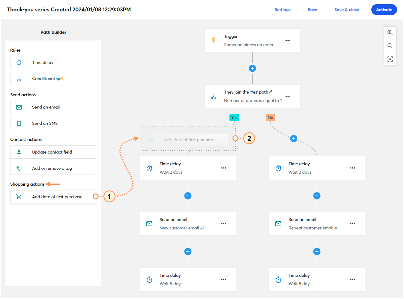 Automation Path Builder with Shopping actions section and drag-and-drop Add date of first purchase step into path