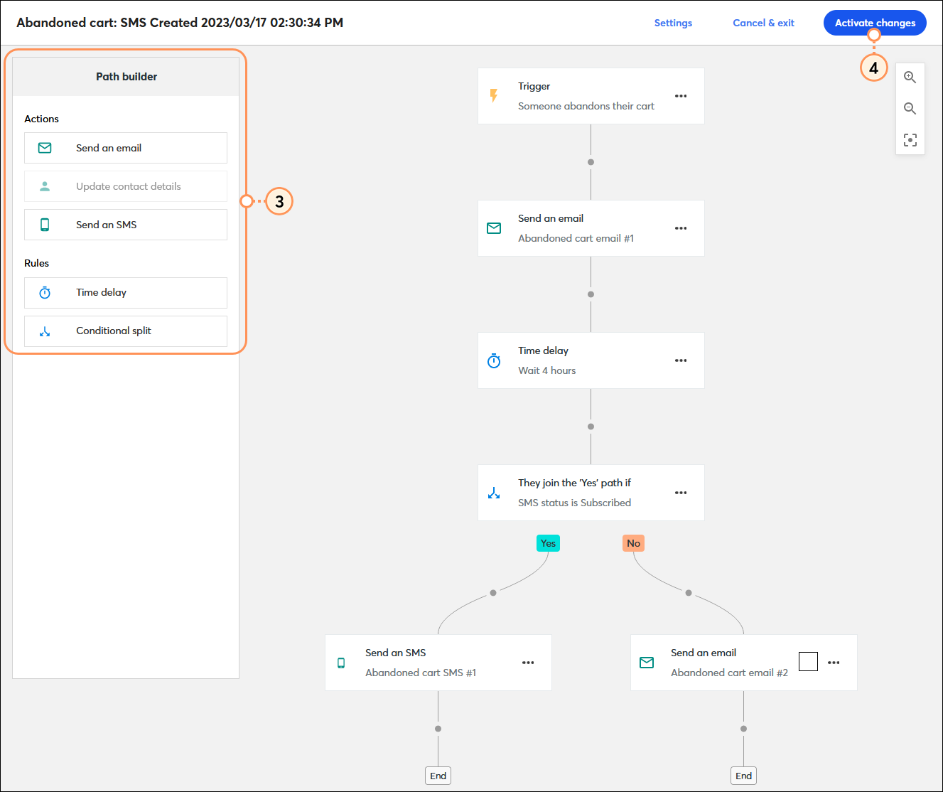 Automation Path builder with Actions and Rules options and Activate changes button