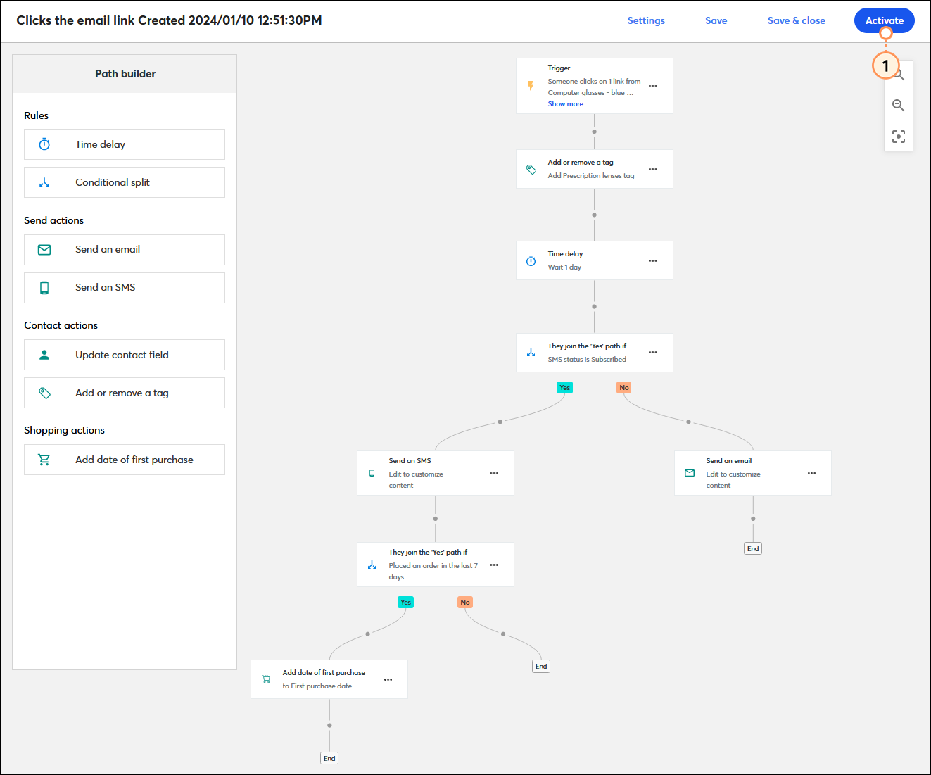 Automation Path Builder (Generador de rutas automatizadas) con ruta personalizada y botón Activate (Activar)