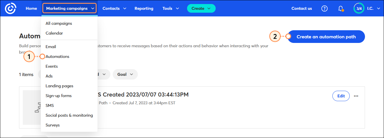Automations dashboard with Marketing campaigns drop-down menu expanded and Automations option selected, and Create an automation path button
