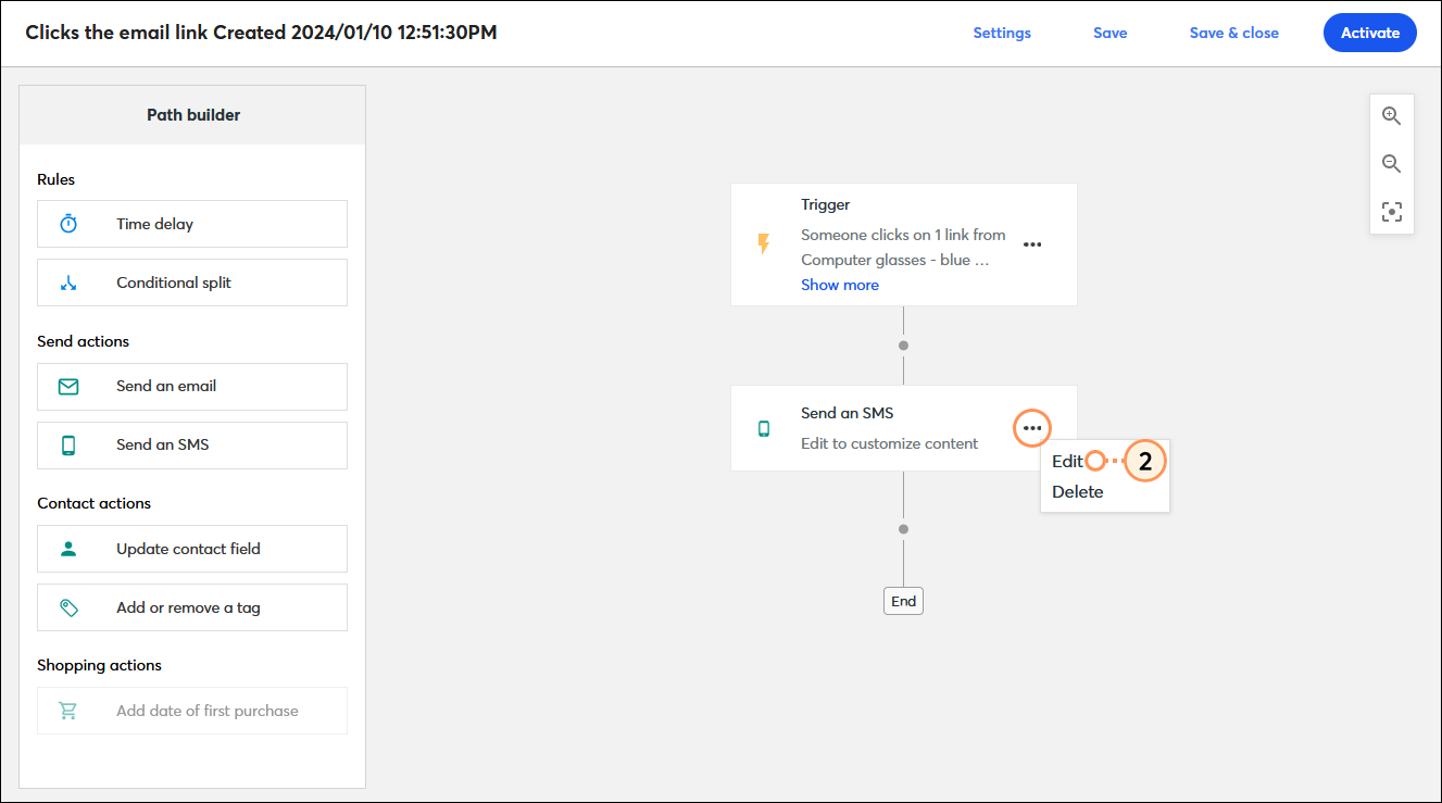Automation Path Builder (Generador de rutas automatizadas) con el menú ampliado en la acción Send an SMS (Enviar un SMS), y la opción Edit (Editar) seleccionada