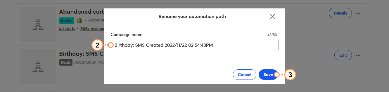 Rename your automation path overlay with Campaign name field and Save button