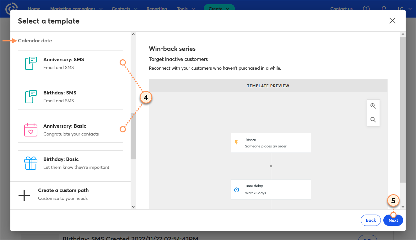 Select a template overlay with Calendar date section, and Anniversary: SMS and Anniversary: Basic template options
