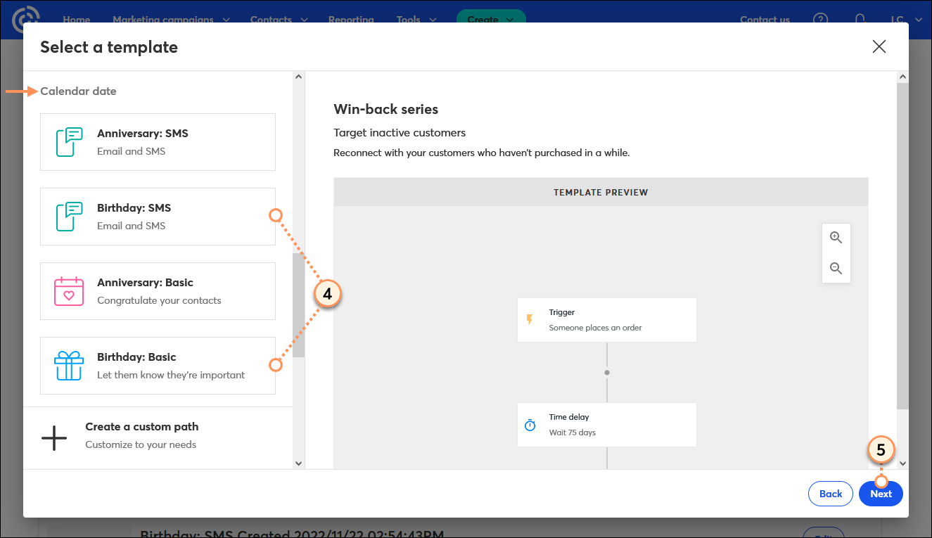 Select a template overlay with Calendar date section, and Birthday: SMS and Birthday: Basic template options