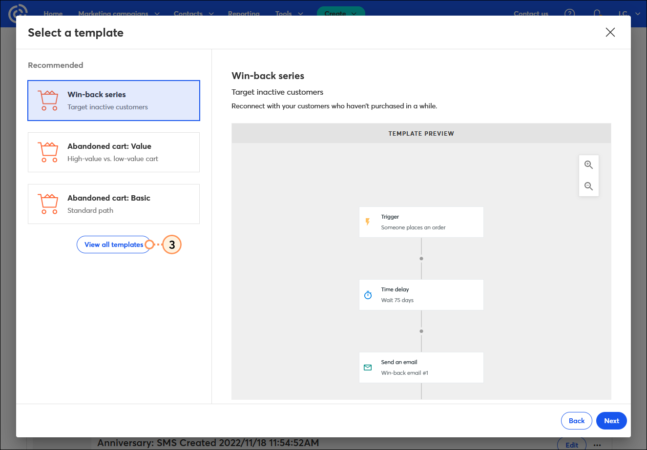 Select a template overlay with Recommended template options and View all templates button