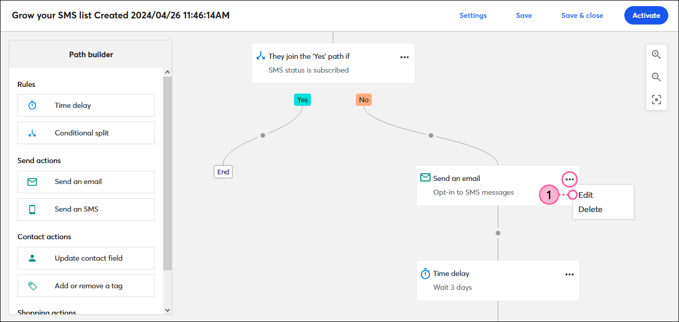 Automation Path Builder and with Send an email step with menu expanded and Edit option selected