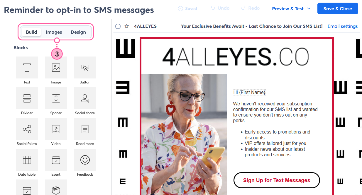 Email editor with Build, Images, and Design tabs