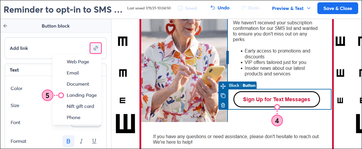 Email editor with Button block panel, Link drop-dow, and Landing Page option selected