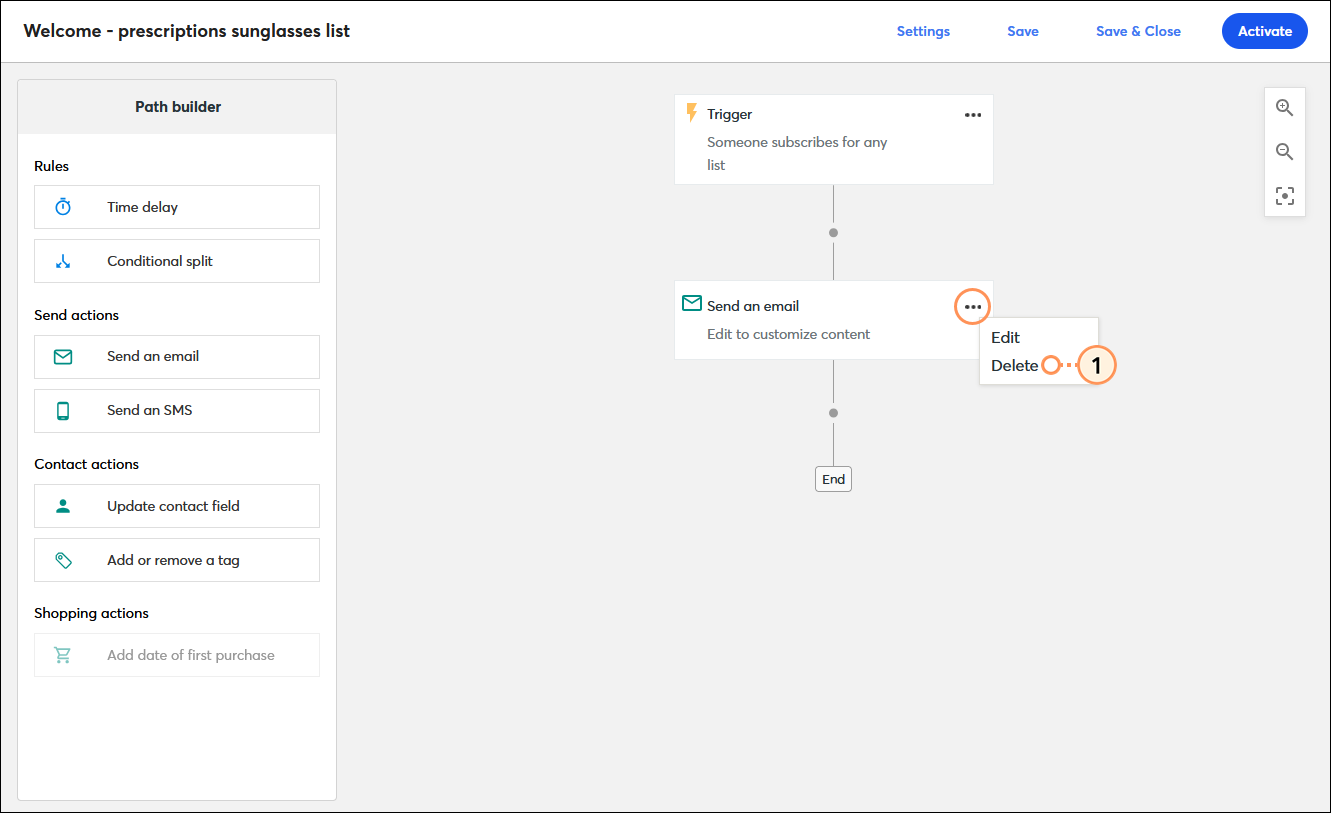 Automation Path Builder with Send an email step in the path, and Send an email menu expanded with Remove option selected