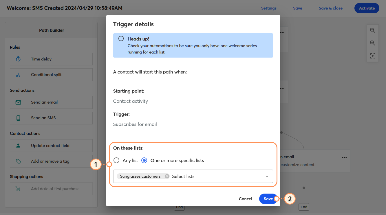 Automation Path Builder with Trigger details overlay, On these lists section with Any list option and One or more specific lists option selected with list field and Save button