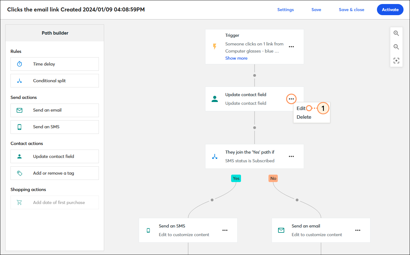 Automation Path Builder Update contact field step with menu expanded and Edit option selected