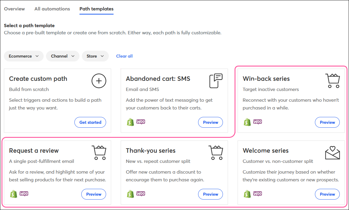 Plantillas de rutas de comercio electrónico del Automation Path Builder (Generador de rutas de automatización)