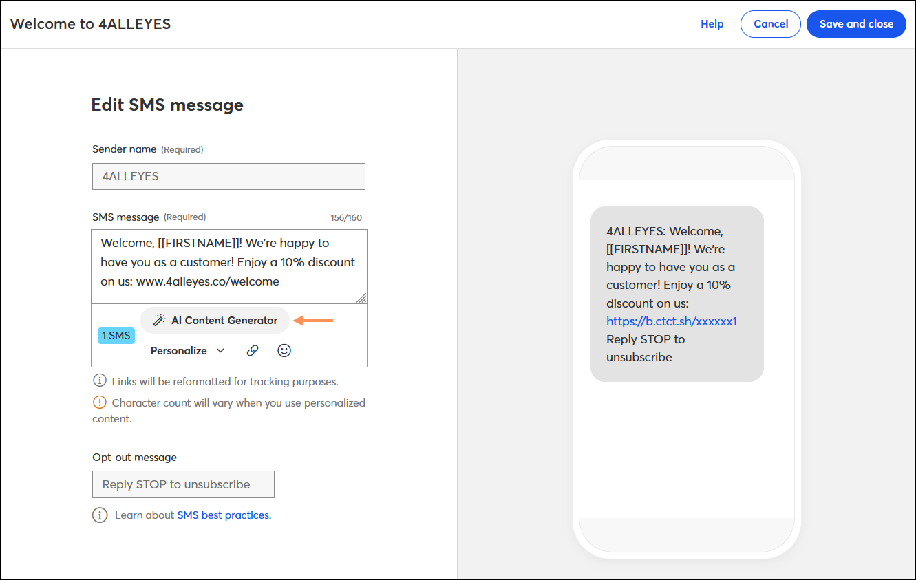 SMS message editor with first name personalization and link