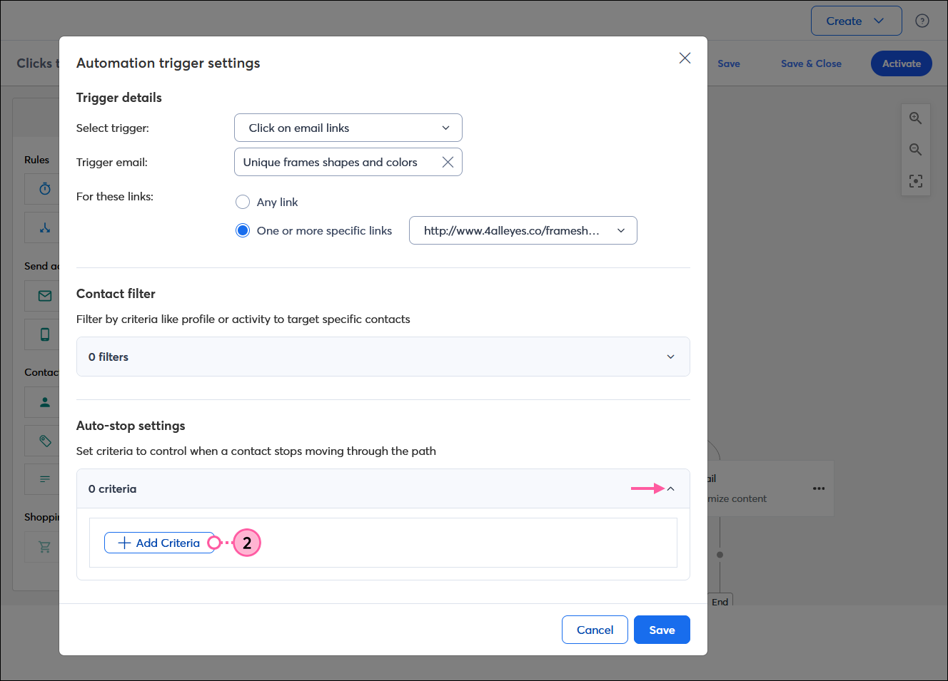 Automation trigger settings overlay with Auto-stop settings section, Criteria section expanded and Add Criteria button