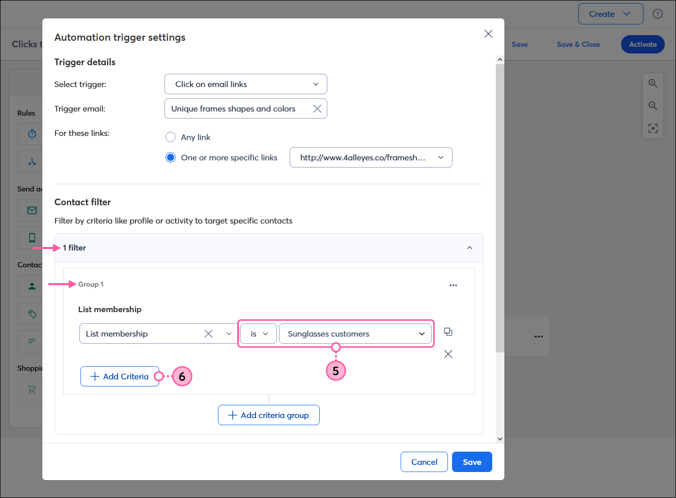 Superposición Automation trigger settings (Configuración del activador de automatización) con sección Contact filter (Filtro de contactos) y sección de filtro expandida con filtro List membership (Membresía de lista)