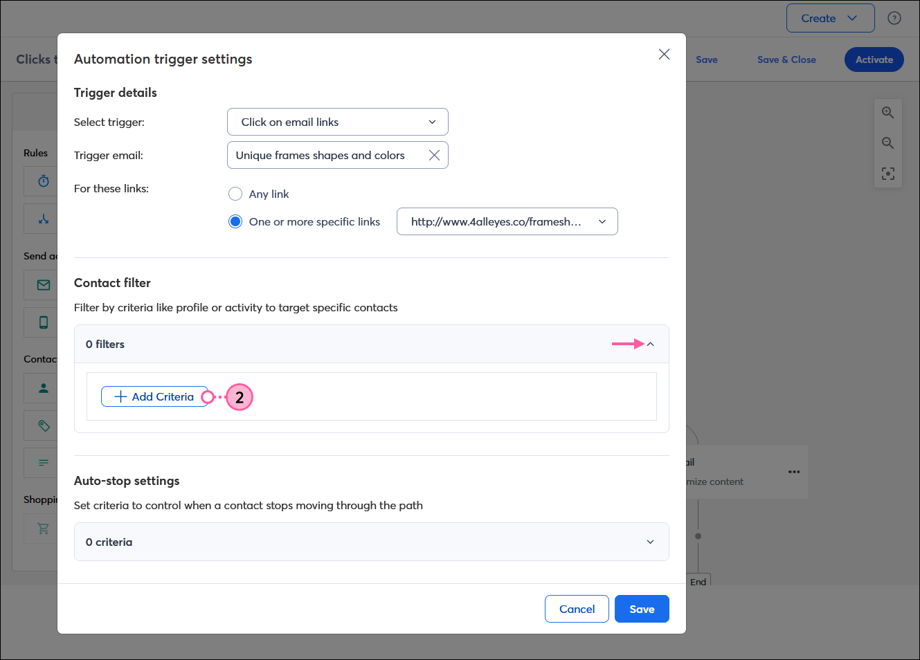 Superposición Automation trigger settings (Configuración del activador de automatización) con sección de filtro de contacto, sección 0 filter (Filtro 0) expandida con el botón + Add Criteria (+ Agregar criterios)