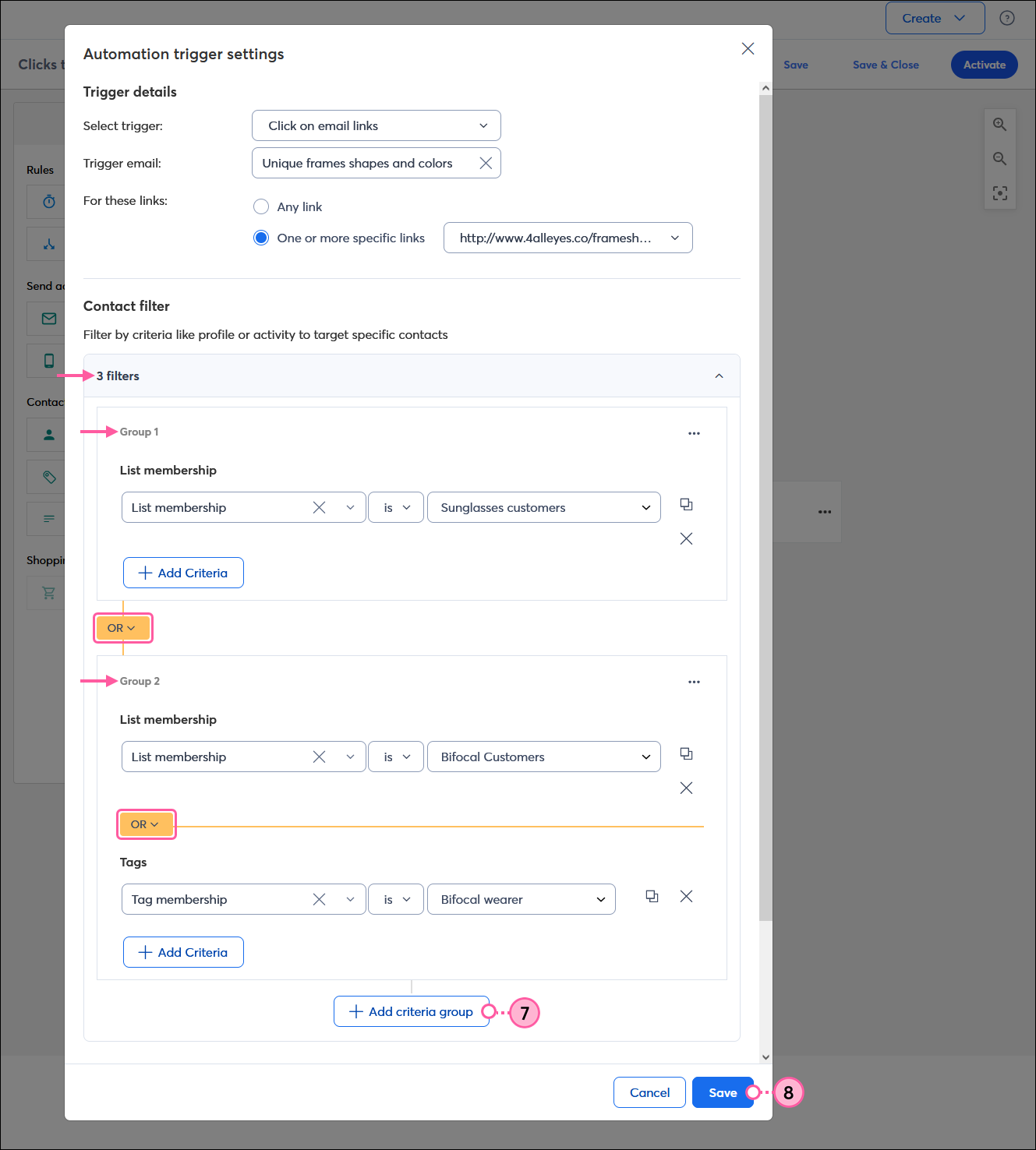 Automation trigger settings (Configuración del activador de automatización) con sección Contact filter (Filtro de contacto) y filtros expandidos, filtro de grupo 1 con lógica O y lógica O entre el grupo 1 y el grupo 2 con botón Add criteria group (Agregar grupo de criterios) y botón Save (Guardar)