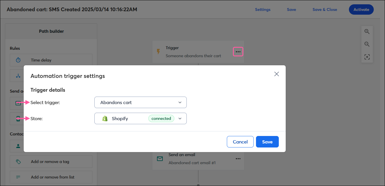 Automation Path Builder with Someone abandons their cart trigger step, and Trigger details overlay with Starting point, Store, and Trigger options