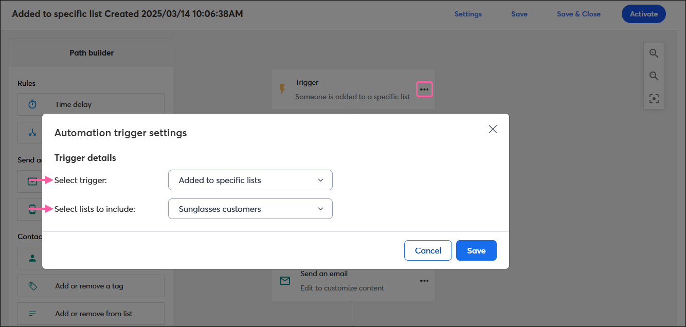Automation Path Builder with contact activity-based trigger step, and Trigger details overlay with On these lists option