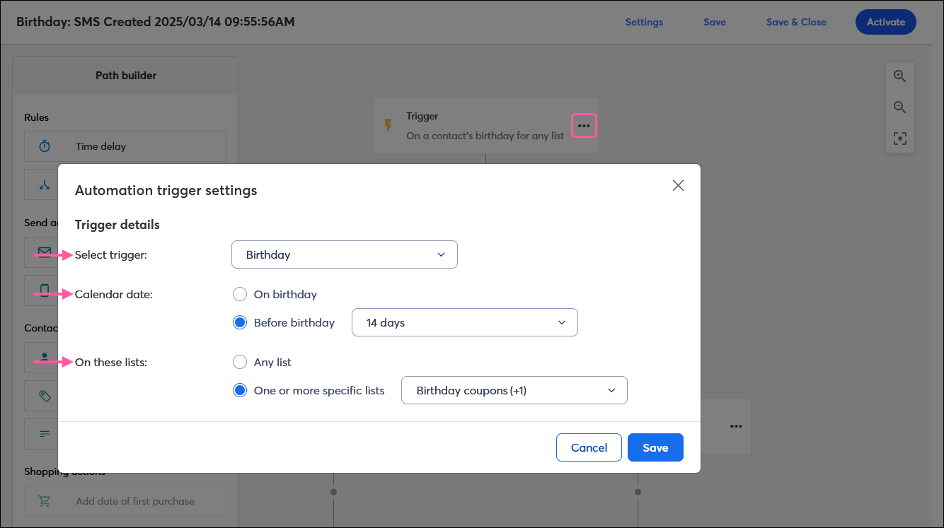 Automation Path Builder with calendar date-based trigger step, and Trigger details overlay with Starting point and On these lists options