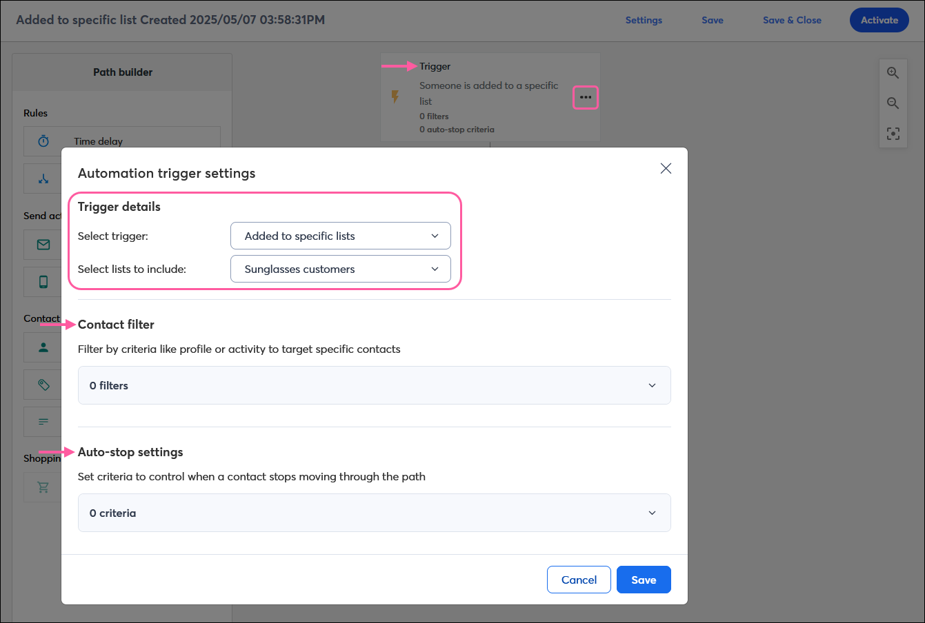 Automation Path Builder with contact activity-based trigger step, Trigger details overlay with Trigger details section and Added to specific lists trigger selected and single list selected