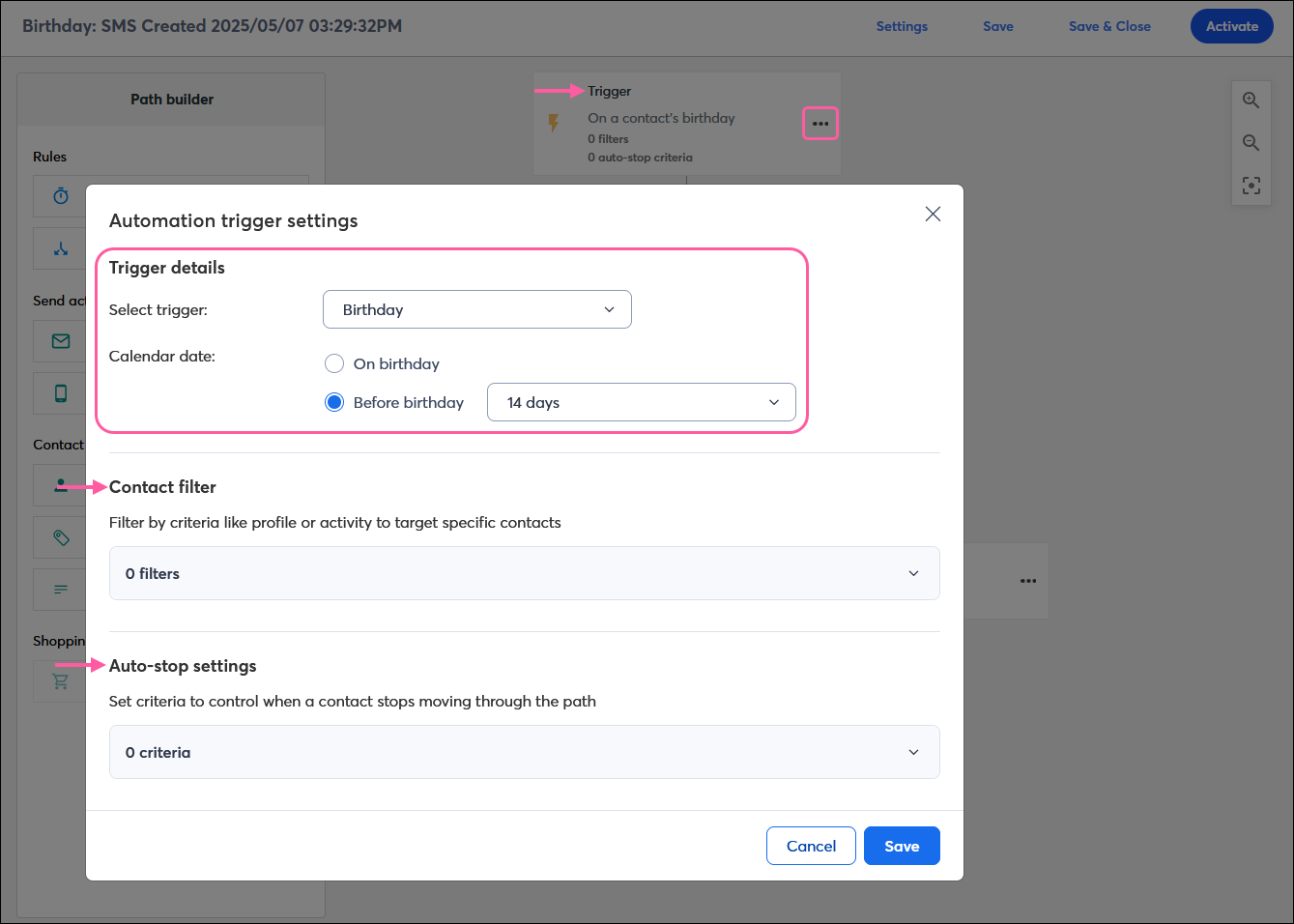 Automation Path Builder with calendar date-based trigger step, Trigger details overlay with Trigger details section and Birthday trigger selected with Before birthday option selected